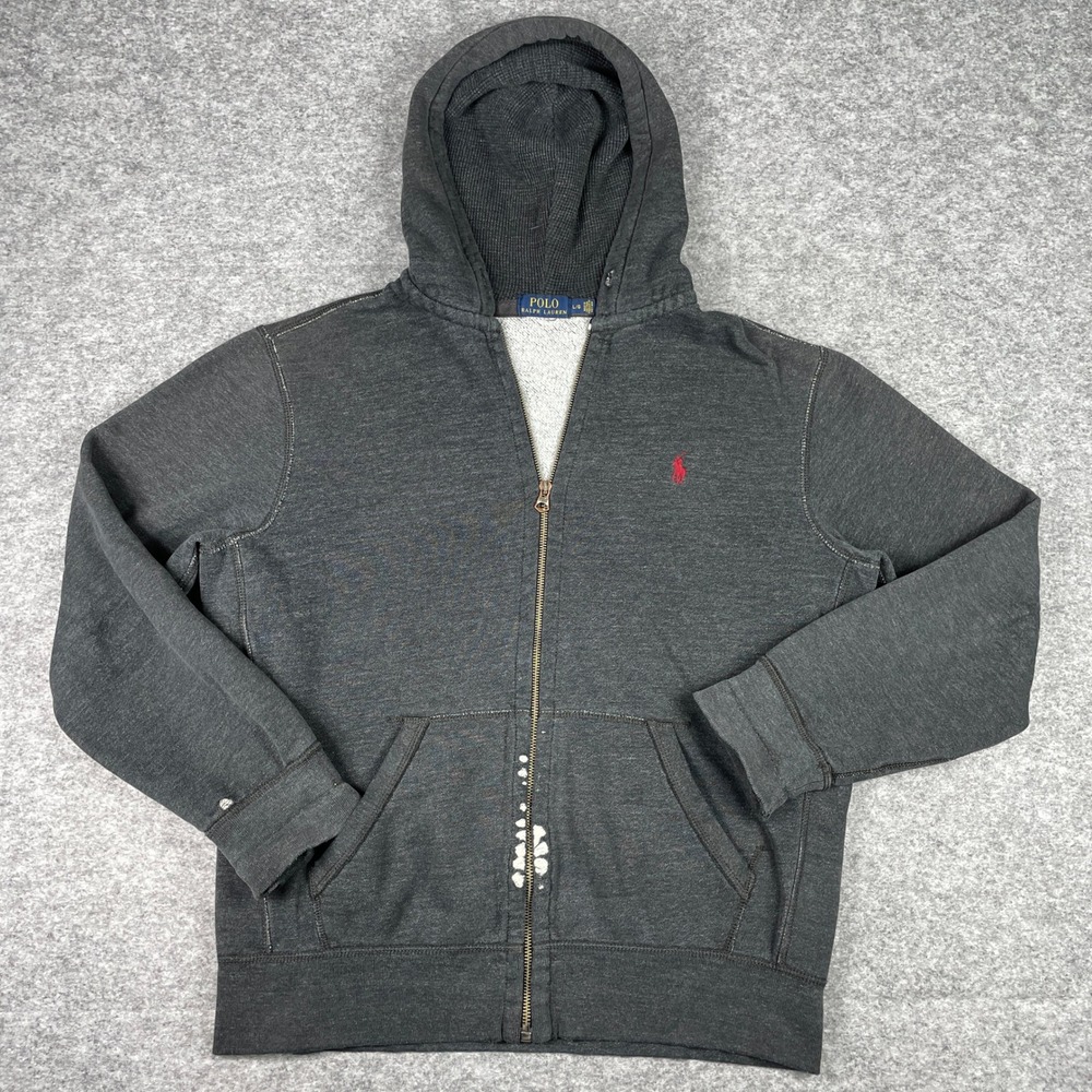 Polo Ralph Lauren Hoodie Mens Large Charcoal Full Zip Waffle Lined Fleece Pony